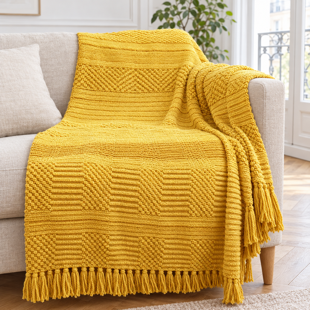 Plaid de canapé à rayures en maille jaune moutarde à franges posé sur un canapé en lin beige