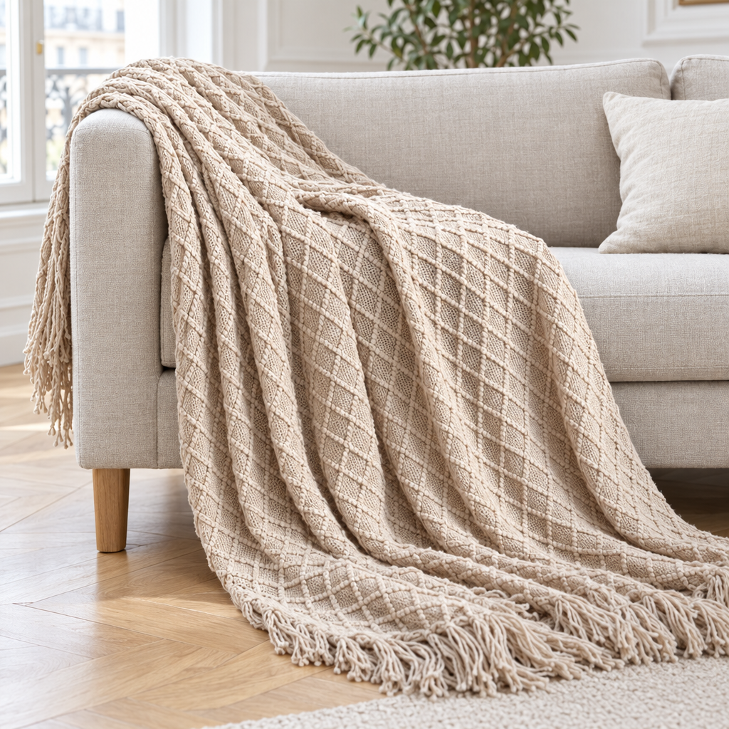 Plaid de canapé en maille à losanges beige sable à franges posé sur un canapé en lin clair