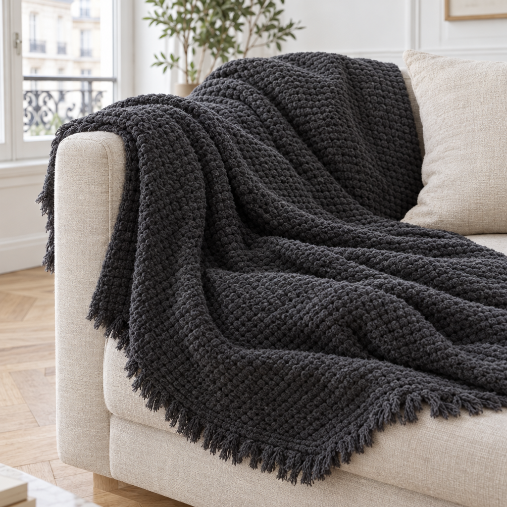 Plaid de canapé en coton gaufré gris anthracite à bords frangés posé sur un canapé en lin beige