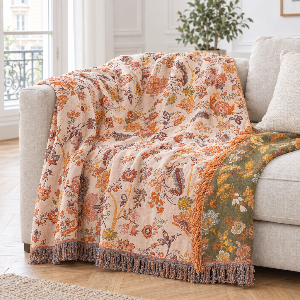 Plaid de canapé en coton jacquard à fleurs pêche et vert olive à franges posé sur un canapé en lin beige