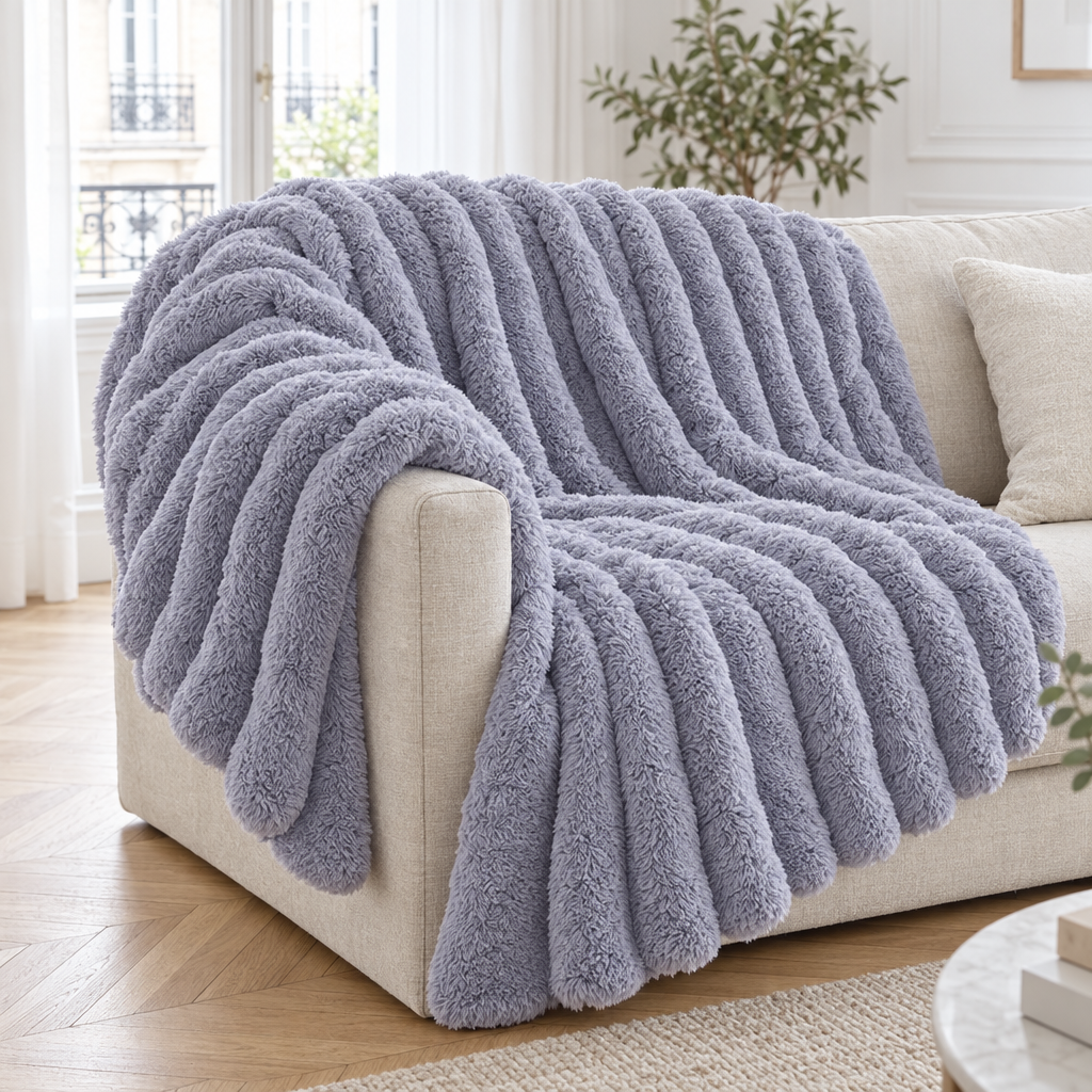 Grand plaid de canapé à rayures en fausse fourrure gris lavande posé sur un canapé en lin beige