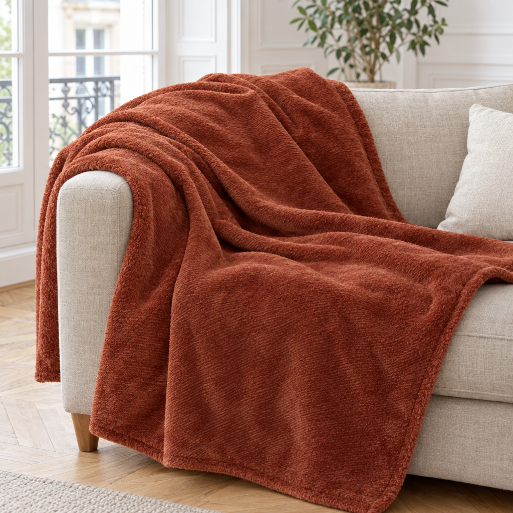 Plaid de canapé en flanelle terracotta posé sur un canapé en lin beige