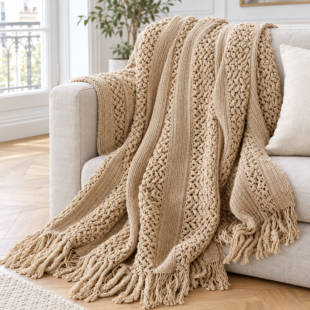Plaid de canapé en grosse maille texturée camel à franges posé sur un canapé en lin beige