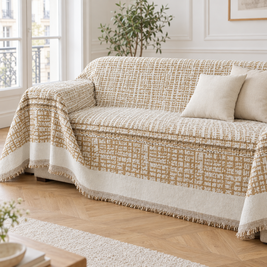 Jeté de canapé en chenille crème et caramel recouvrant un canapé beige