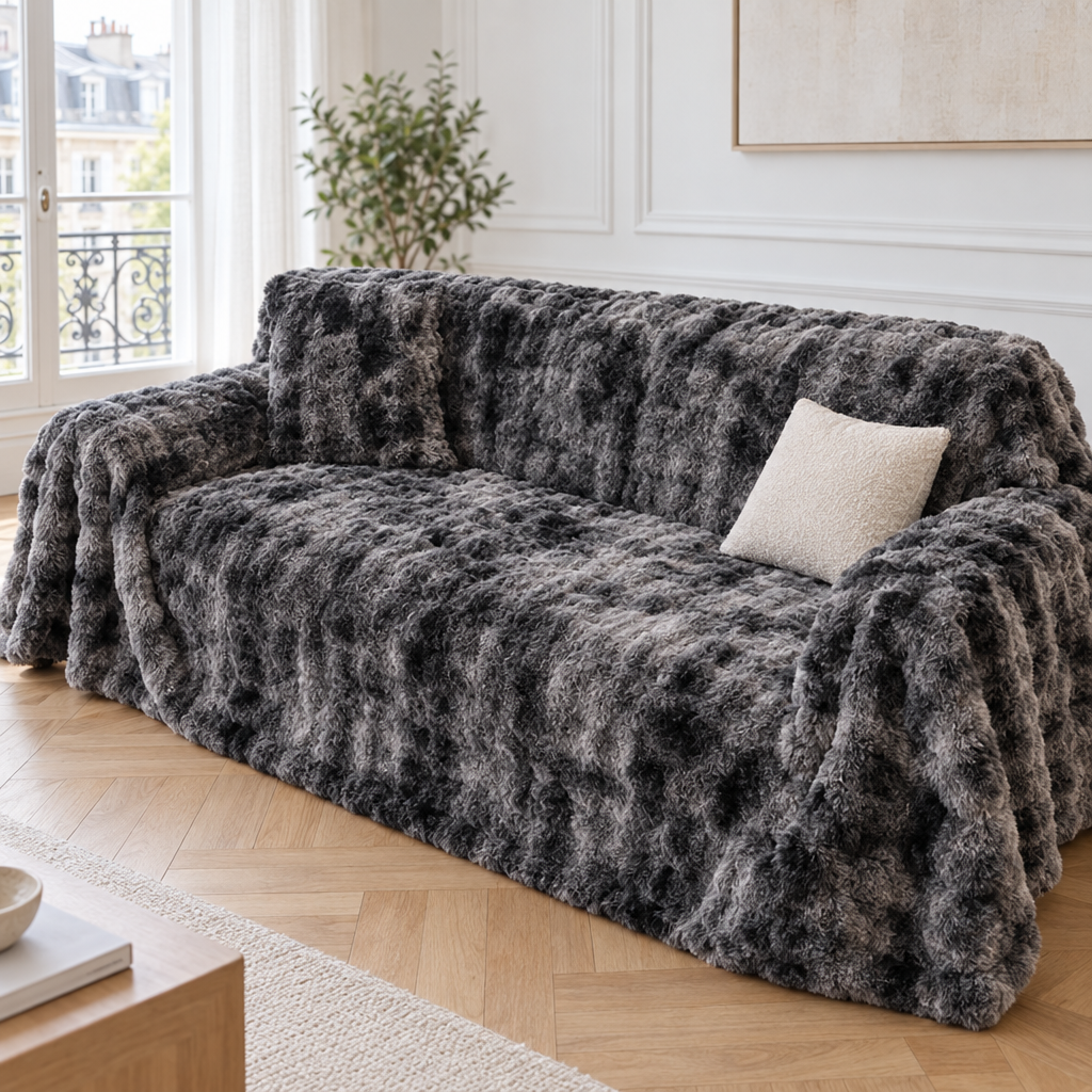 Jeté de canapé en fausse fourrure tie-dye gris anthracite recouvrant un canapé