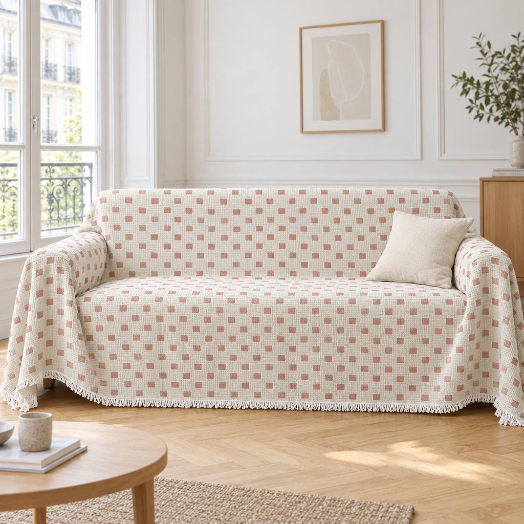 Jeté de canapé chaud crème à petits carrés rose terracotta recouvrant un canapé