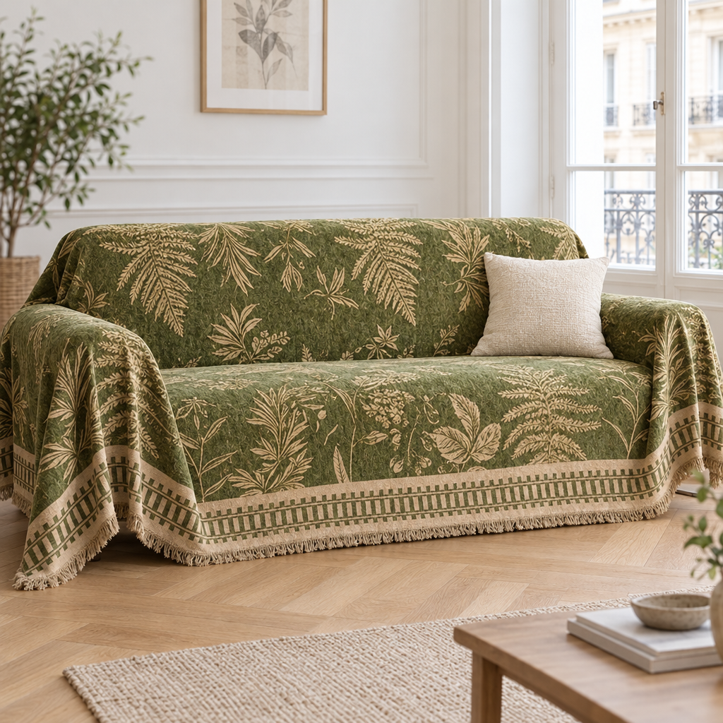 Jeté de canapé très chaud en chenille vert olive à feuillages beiges recouvrant un canapé