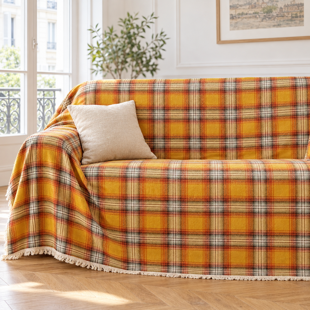 Jeté de canapé à carreaux tartan jaune moutarde et orange recouvrant un canapé