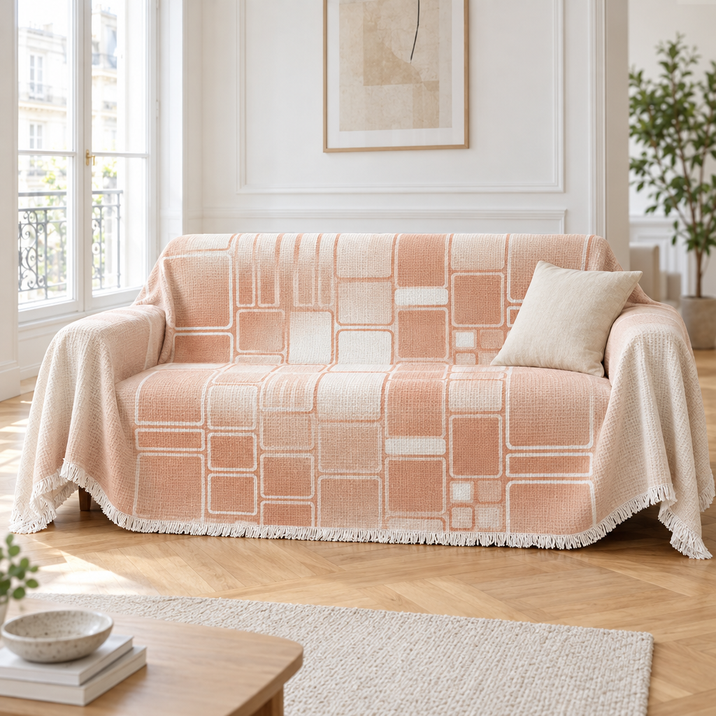 Jeté de canapé gaufré à motif géométrique pêche recouvrant un canapé