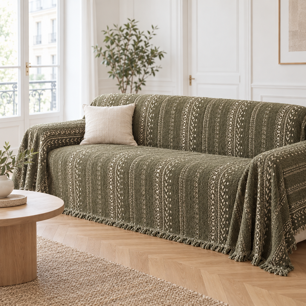 Jeté de canapé en chenille vert olive à motifs bohèmes crème recouvrant un canapé