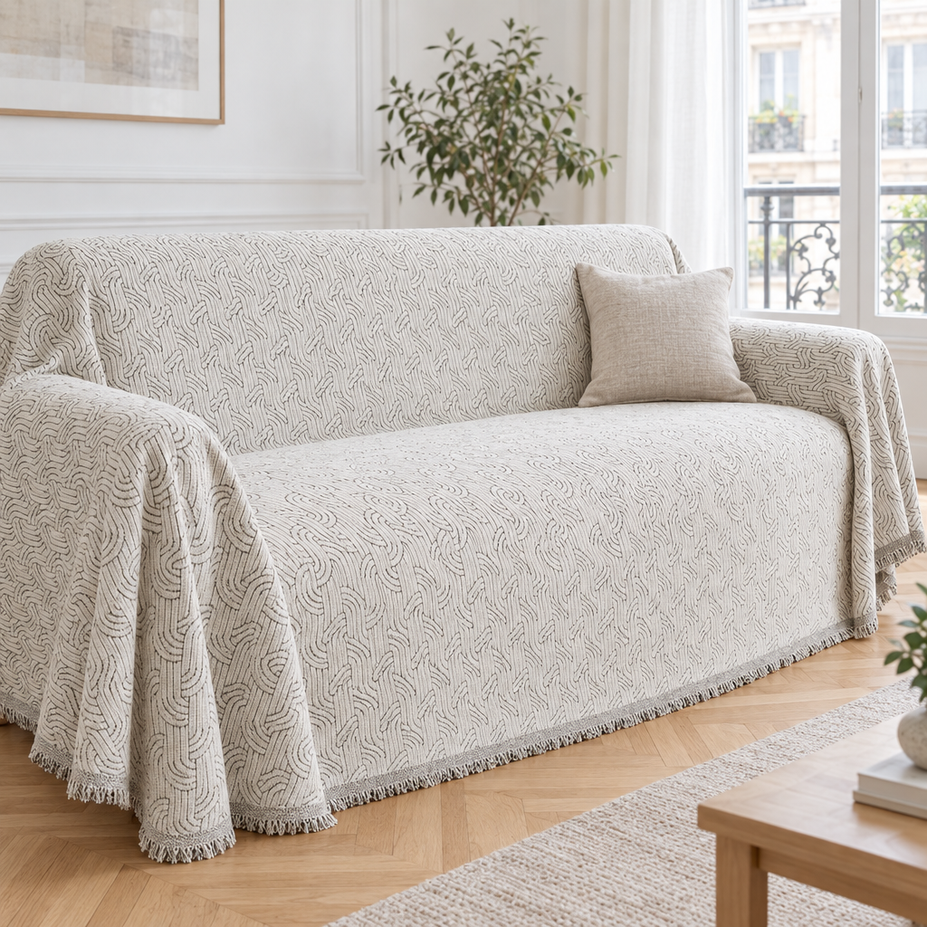 Jeté de canapé chaud en chenille crème à motif ondulé recouvrant un canapé