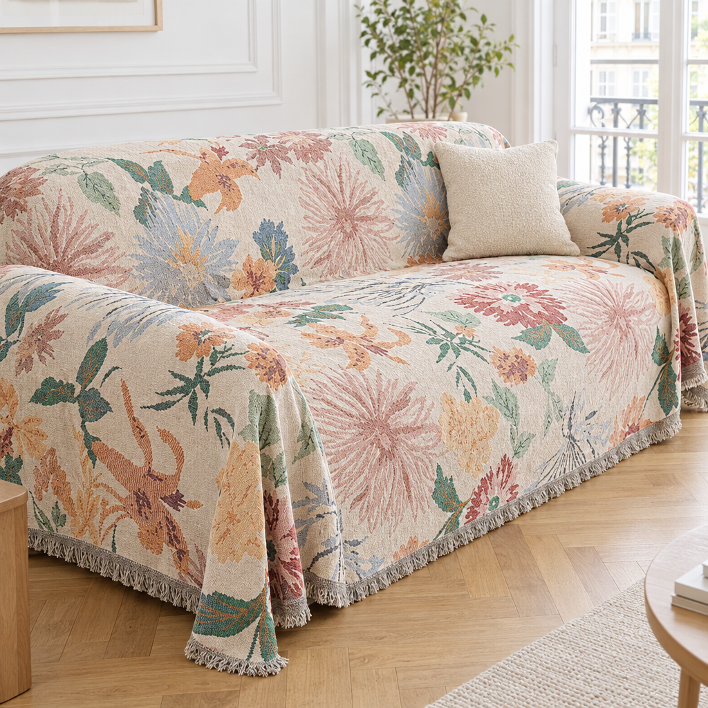 Jeté de canapé jacquard crème à grandes fleurs pastel recouvrant un canapé