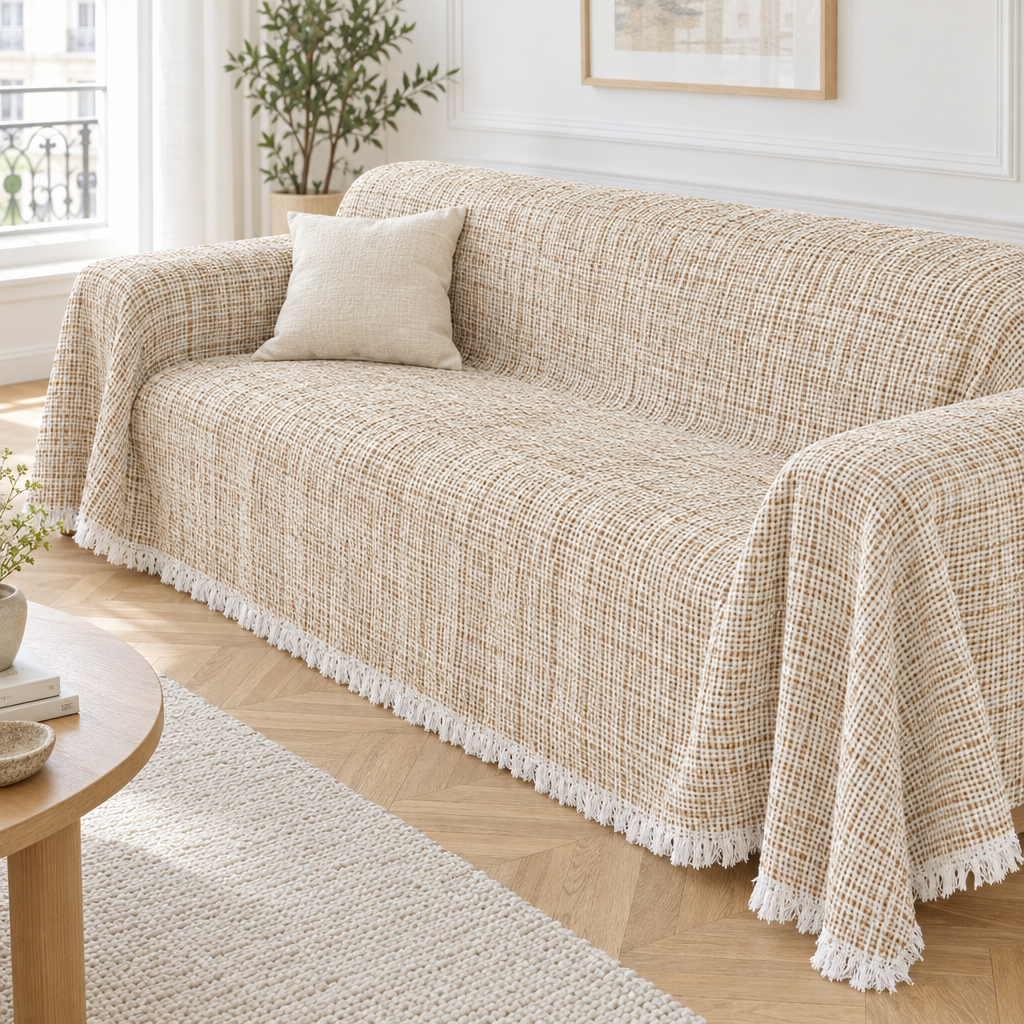 Jeté de canapé classique effet tweed beige recouvrant un canapé
