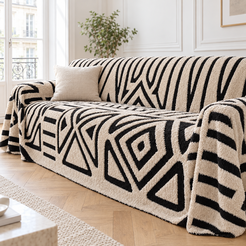 Jeté de canapé en chenille crème à motifs graphiques noirs recouvrant un canapé