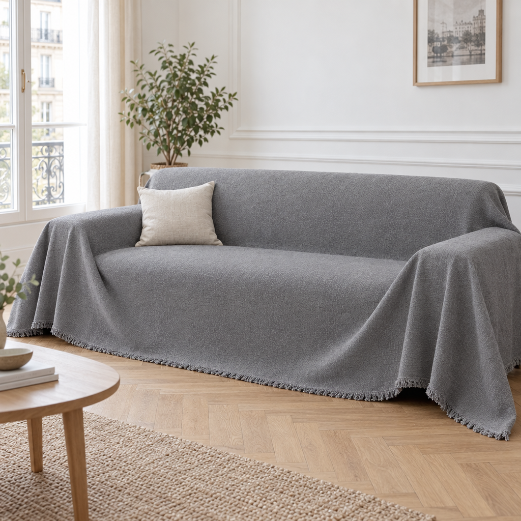 Jeté de canapé uni gris en chenille recouvrant un canapé