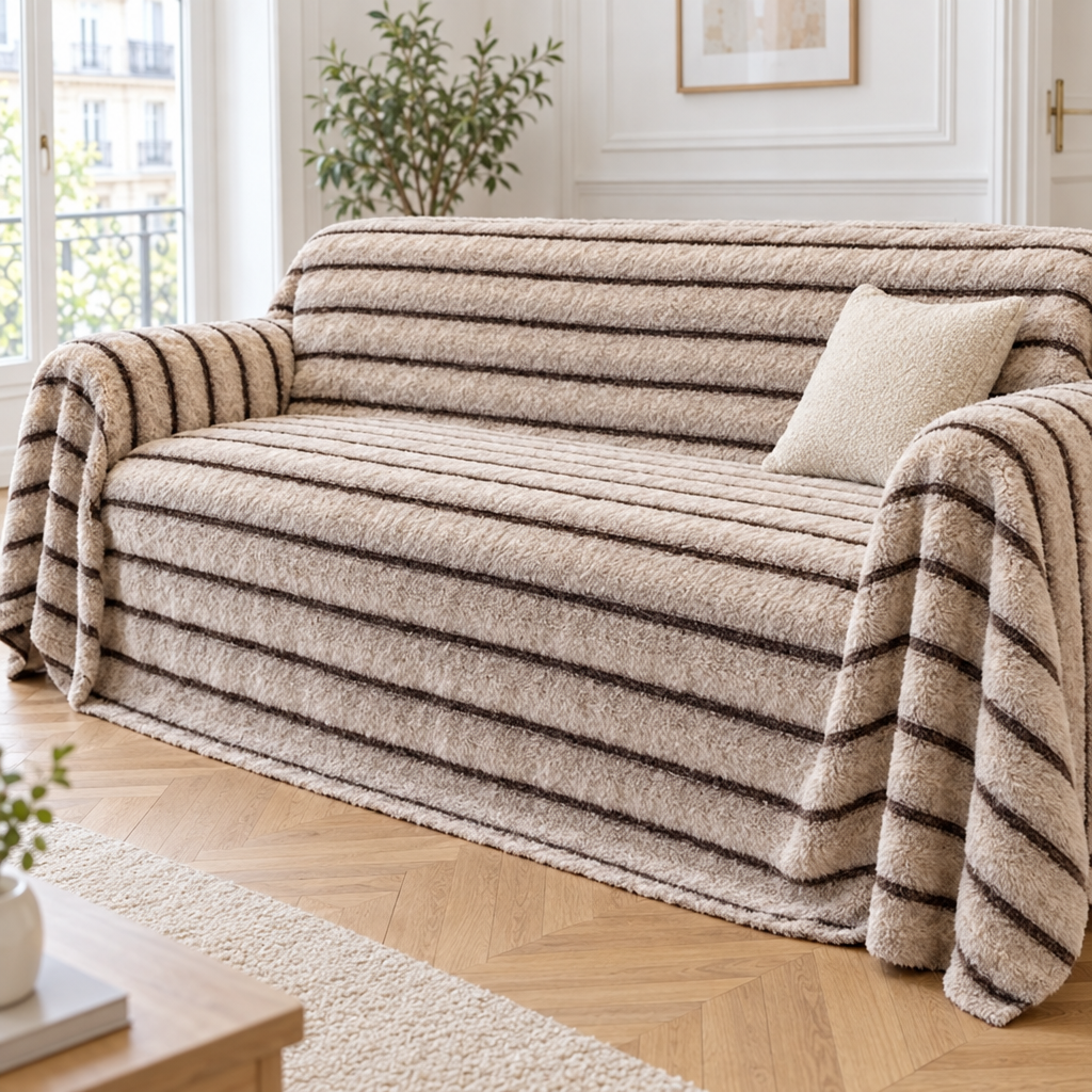Jeté de canapé en fausse fourrure à rayures beige et brun recouvrant un canapé