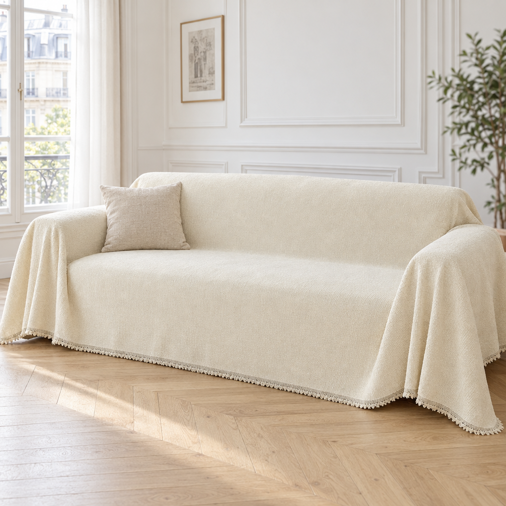 Jeté de canapé en chenille crème recouvrant un canapé
