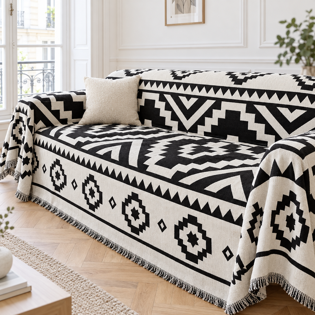 Jeté de canapé chaud en chenille à motif aztèque noir et blanc recouvrant un canapé