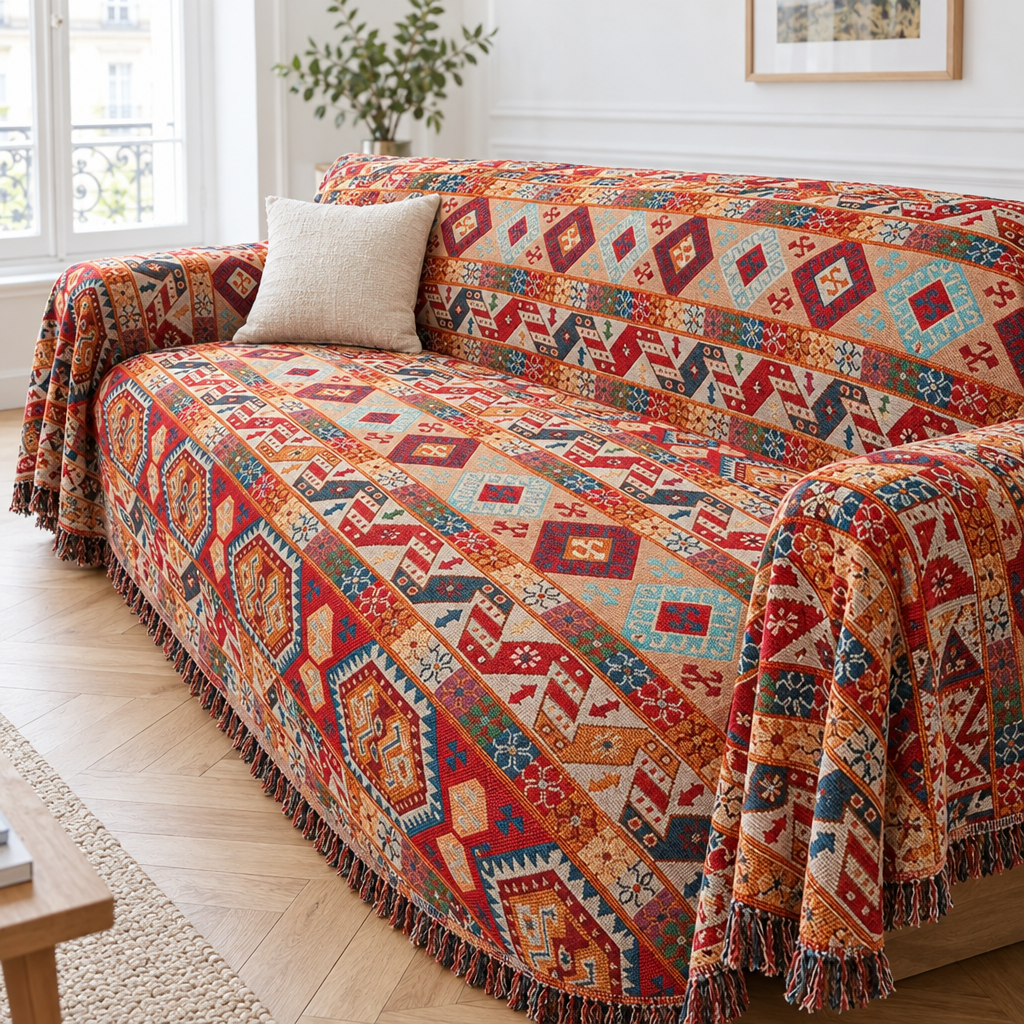 Jeté de canapé chaud en chenille kilim rouge, orange et bleu recouvrant un canapé