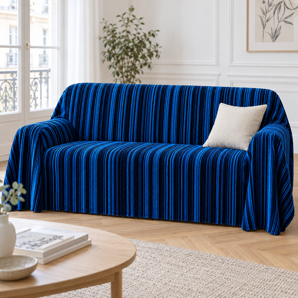 Jeté de canapé en flanelle à rayures bleu électrique et noir recouvrant un canapé