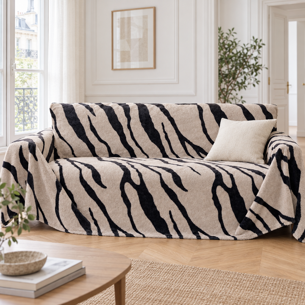 Jeté de canapé en peluche imprimé zèbre beige et noir recouvrant un canapé