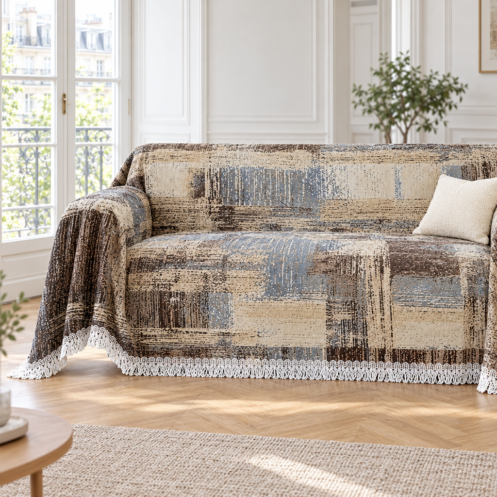 Jeté de canapé mi-saison à motif abstrait brun, beige et bleu recouvrant un canapé