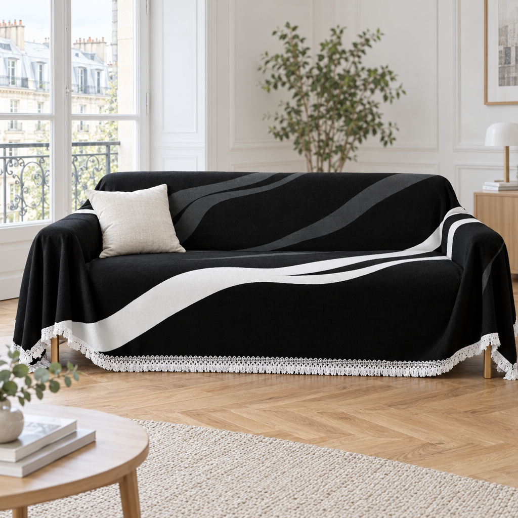 Jeté de canapé moderne noir à vagues blanches recouvrant un canapé