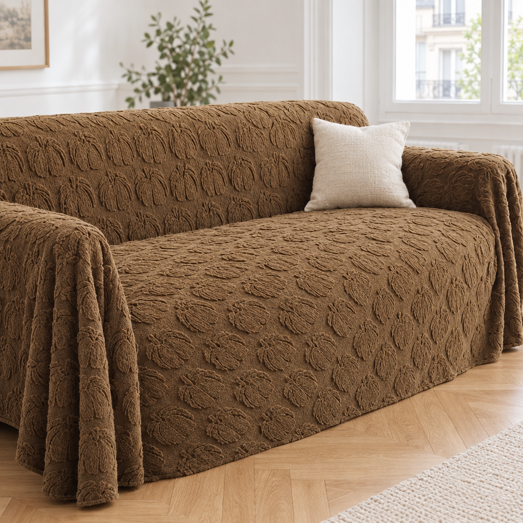 Jeté de canapé en velours peluche brun olive à relief recouvrant un canapé