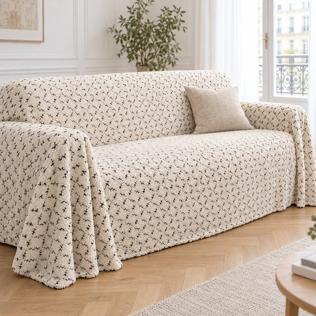 Jeté de canapé en velours peluche crème à petits motifs noirs recouvrant un canapé