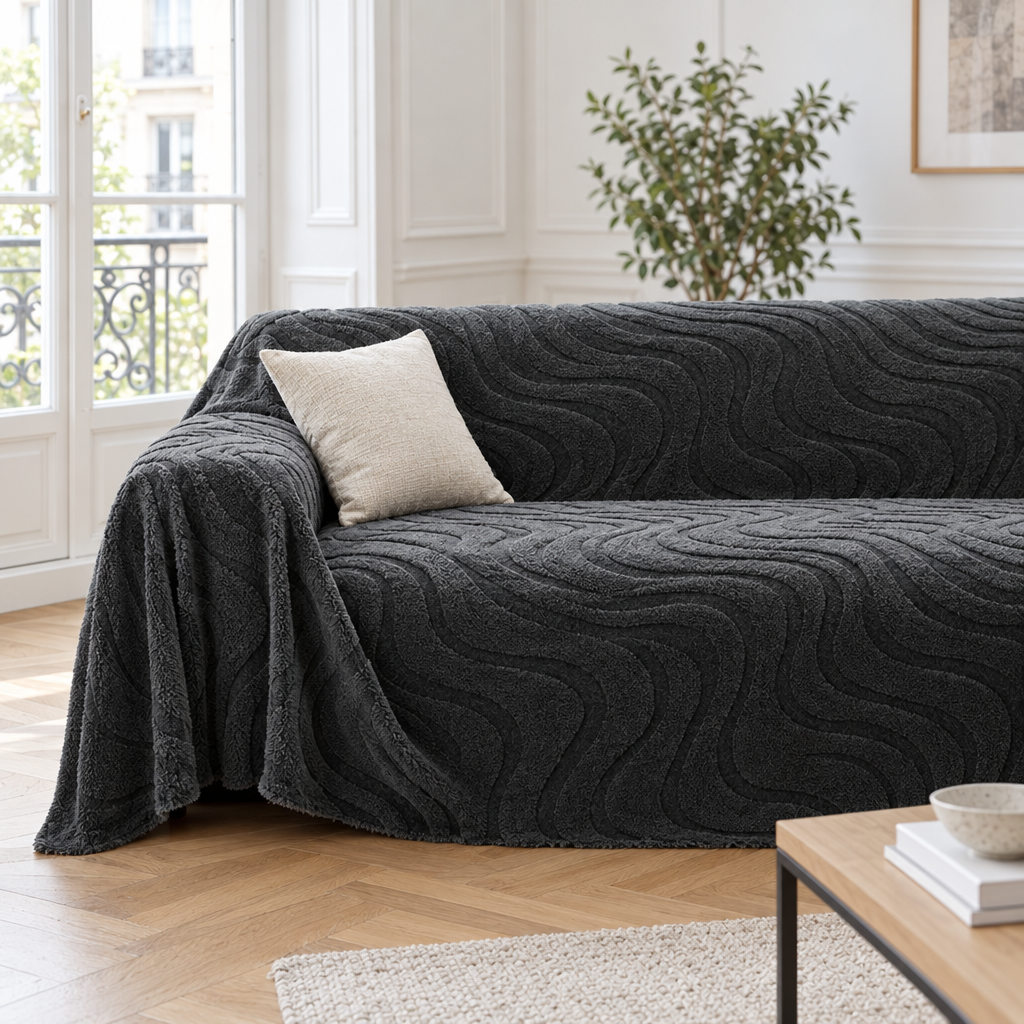 Jeté de canapé en velours peluche gris anthracite à relief ondulé recouvrant un canapé
