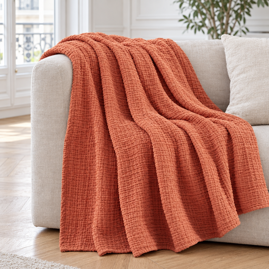 Plaid en mousseline de coton terracotta posé sur un canapé en lin beige