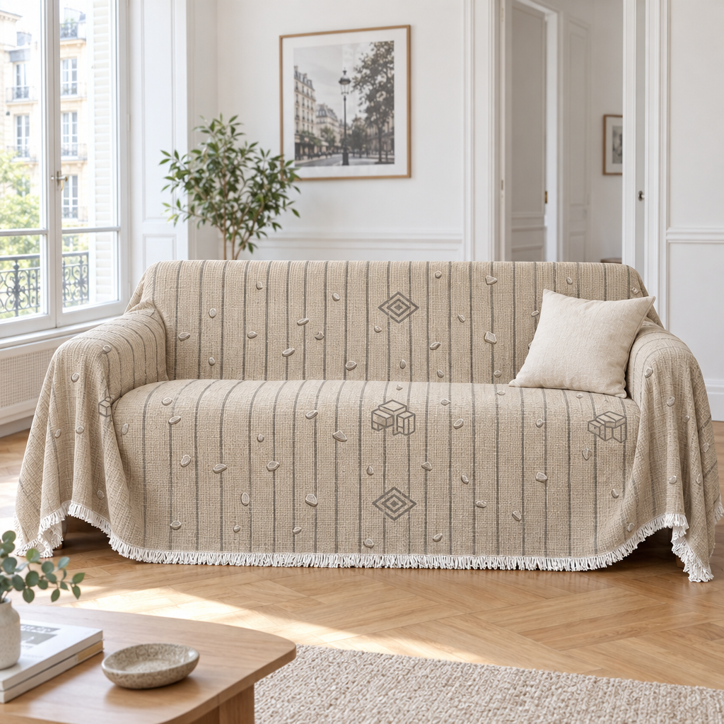 Jeté de canapé gaufré chaud beige sable à motifs gris recouvrant un canapé