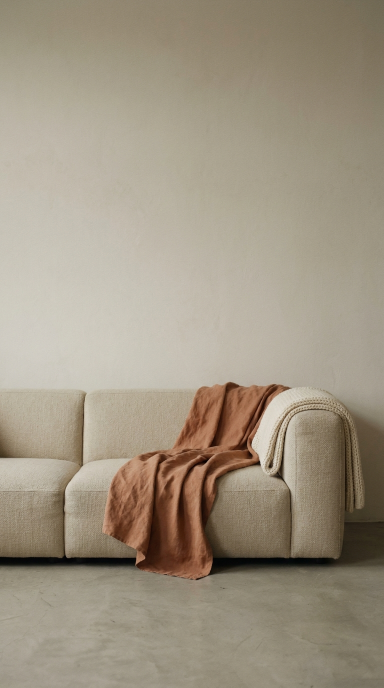 Canapé écru avec un plaid terracotta déplié et un plaid en maille crème sur l'accoudoir
