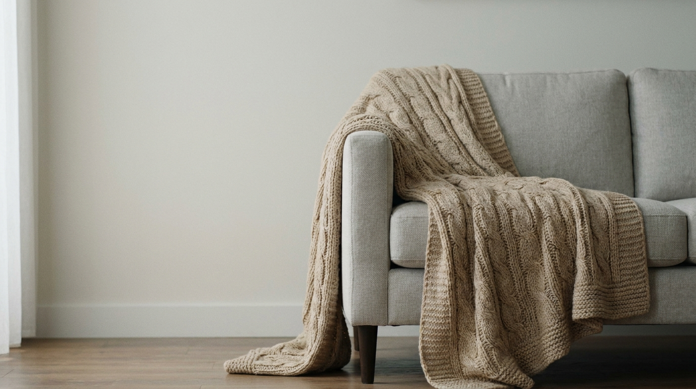 Plaid en grosse maille beige jeté sur un canapé gris clair dans un salon lumineux