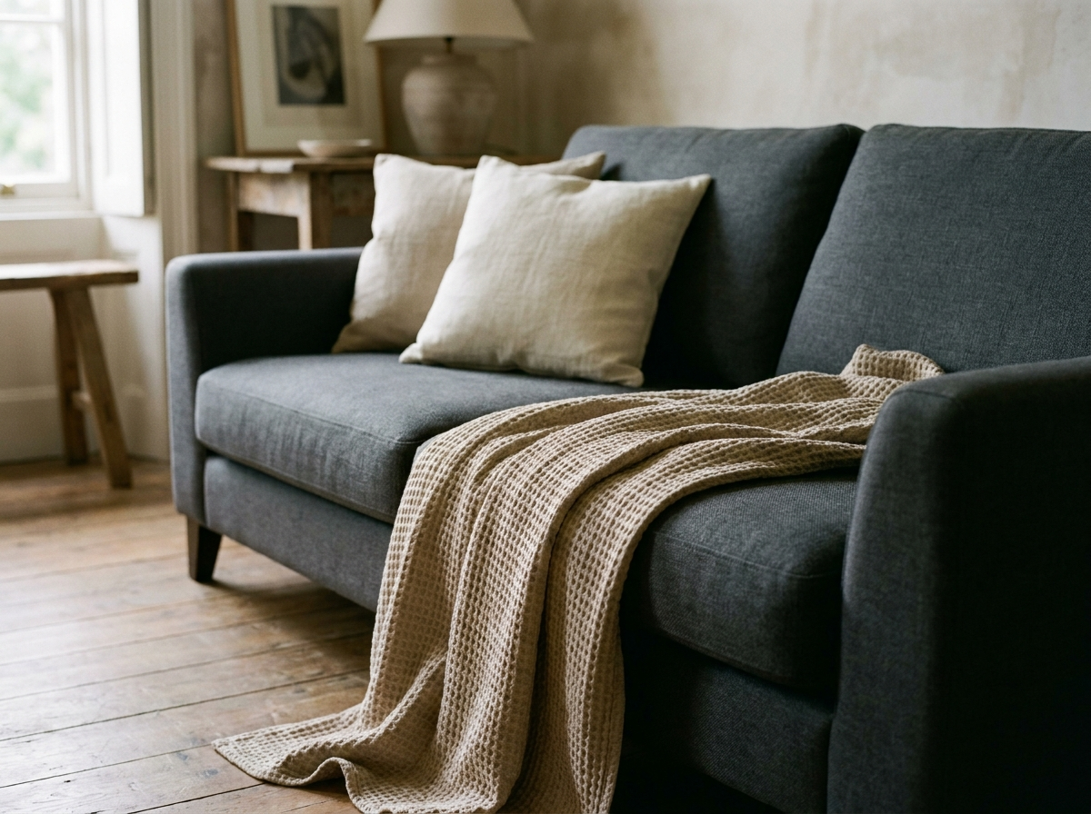 Plaid beige en coton gaufré posé sur un canapé gris anthracite Image