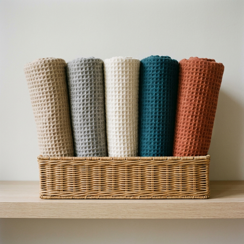 Cinq plaids roulés de couleurs différentes rangés dans un panier en osier