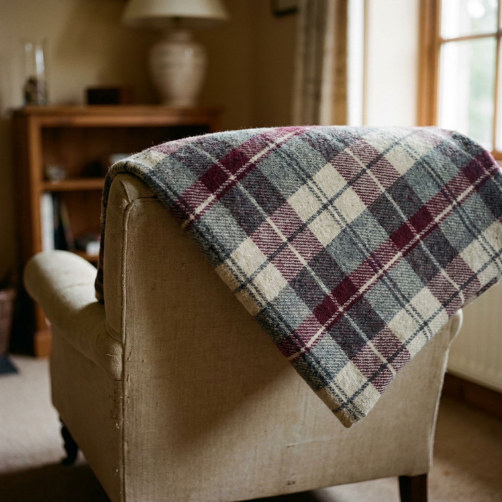 Plaid à grands carreaux écossais gris, écru et bordeaux sur le dossier d'un fauteuil