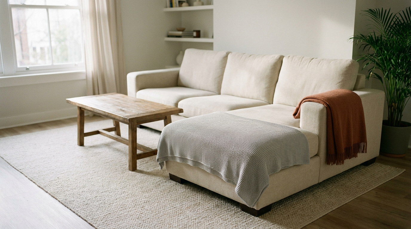 Salon avec un canapé d'angle écru, un plaid gris déplié sur l'assise et un plaid terracotta sur l'accoudoir Image