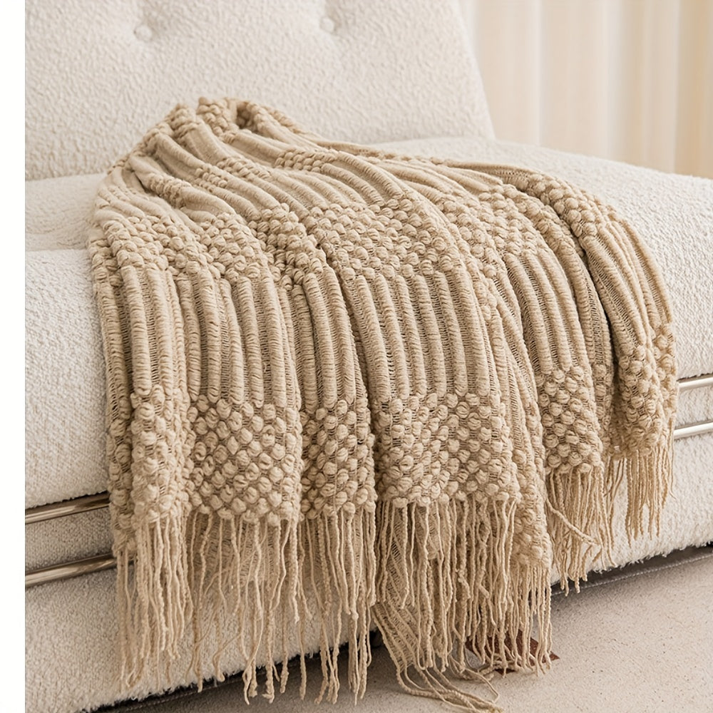 Couverture plaid kaki avec pompon couverture surdimensionne polyvalente pour canap sofa bureau lit camping voyage et cadeau pour toutes les saisons