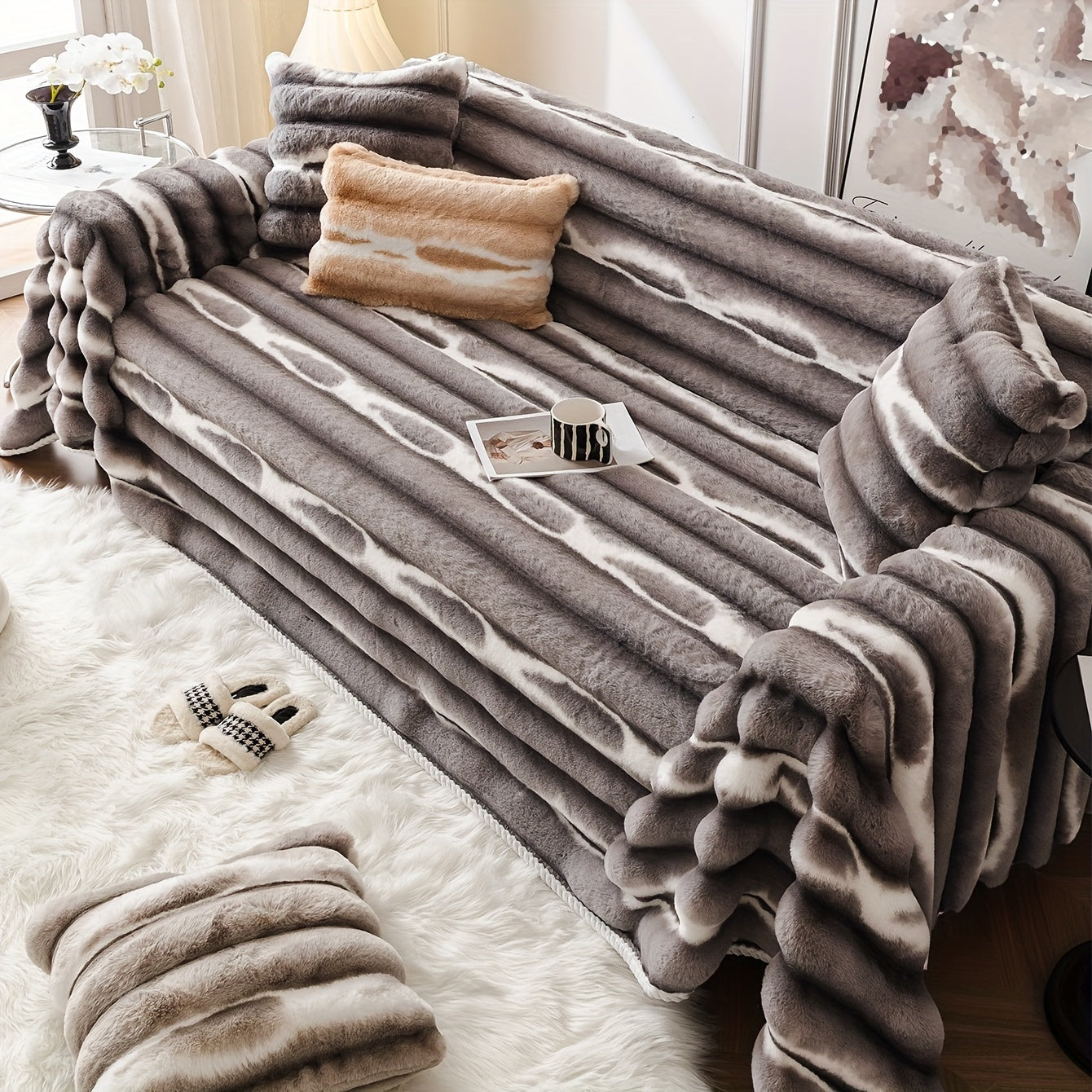 1 pc Housse de canap en peluche au thme hiver avec design Joyeuses Ftes  Housse en polyester douce chaude antidrapante lavable en machine pour canap sectionnel ou fauteuil dcoration de fte  Dcoration festive  Housse en polyester
